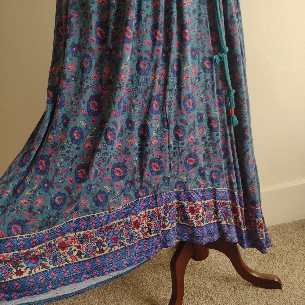 Lucky Brand Teal Floral Dress S Relaxed Knit Boho Jewel Tone Embroidered Maxi - Picture 5 of 12